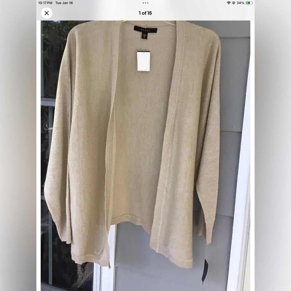 FEVER Women's Cardigan Small S Sweater Metallic Top Gold Tan Drape Front NWT